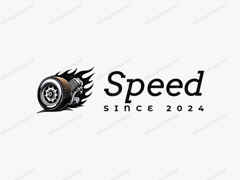 a modern design featuring dynamic lines representing speed, a stylized engine and tire, combined with a clean background to emphasize power and motion.