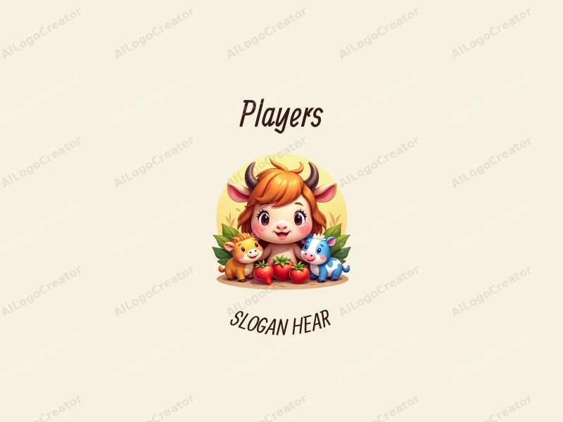 playful design features a vibrant player character interacting with cute farm animals and food items, using a whimsical approach combined with a clean background.