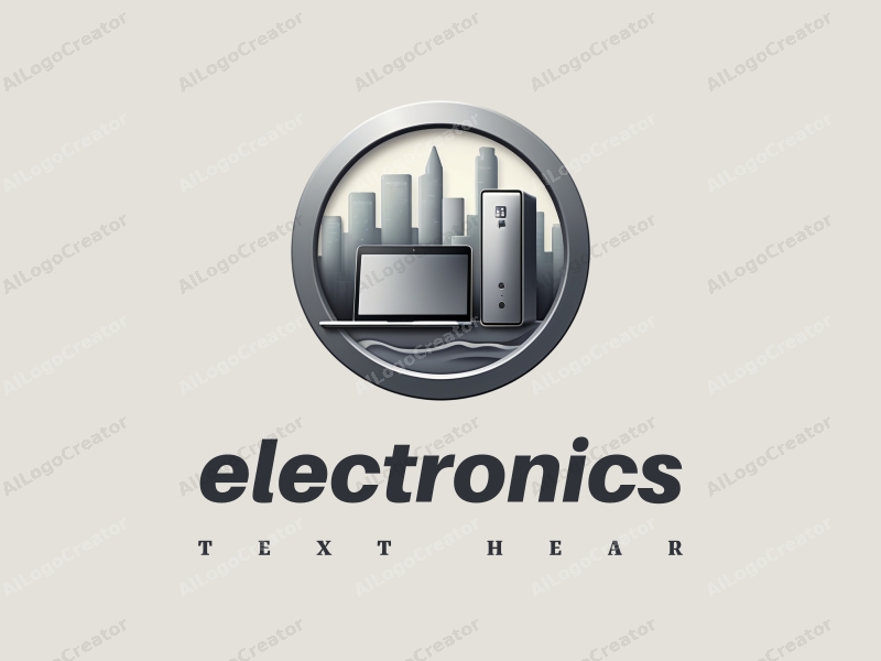 a modern design featuring a sleek electronic device and computer elements, integrated with a badge and city skyline, all in a silver color scheme, creating a clean and harmonious composition.