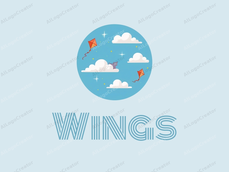 playful design features stylized wings and kites soaring among fluffy clouds, combined with a clean blue background.