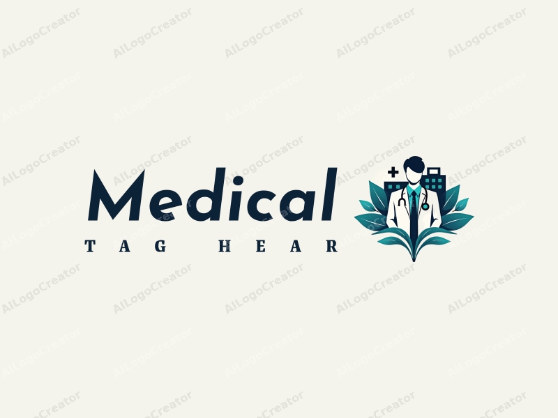 modern design features a stylized hospital silhouette, a doctor figure, and a stethoscope intertwined with medicine elements, combined with a clean background.