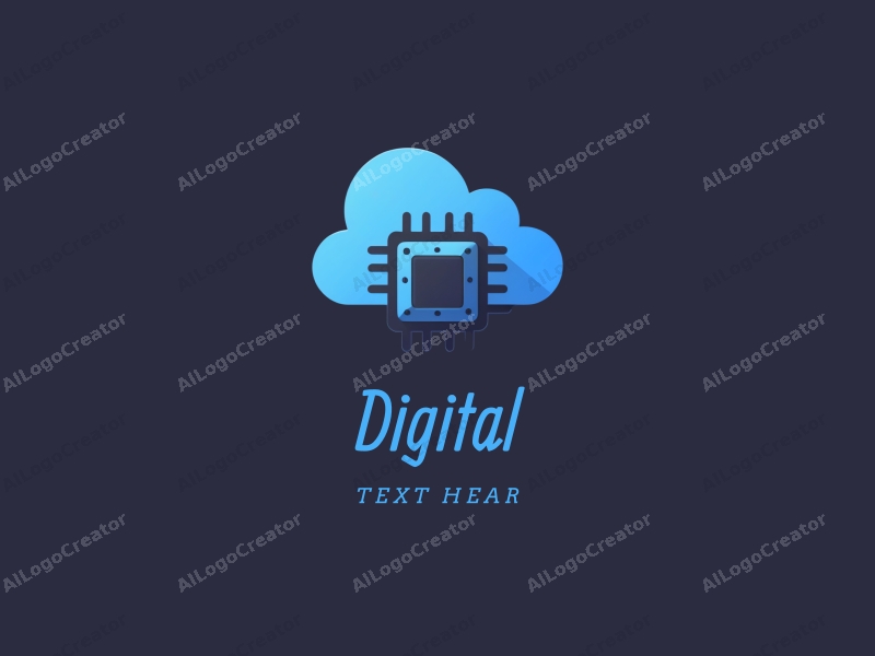 a modern minimalist design featuring digital elements like a stylized cloud and chip, combined with a clean background in blue and black colors.