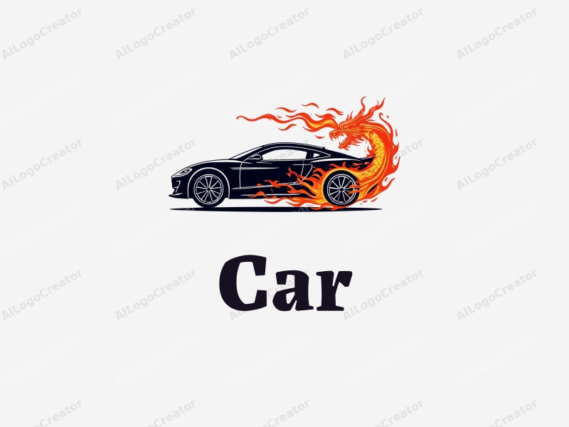 a modern design featuring a sleek car silhouette intertwined with a dragon and flames, emphasizing dynamic movement and energy, set against a clean background.