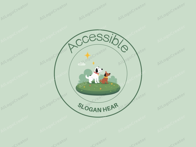 modern design features accessibility elements, inclusive design symbols, a stylized lawn with a dog, combined with a clean background.