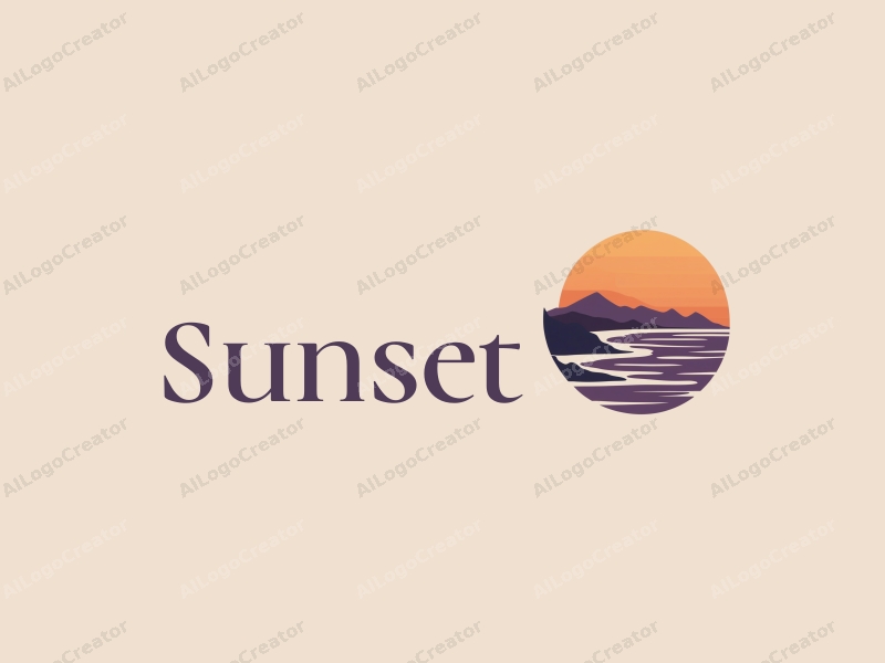 vintage design features a stylized sunset over a serene coastline with mountains in the background, using a harmonious blend of orange and purple colors, combined with a clean and simple layout.