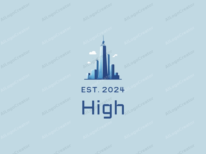 modern design features a towering skyscraper with flight elements, incorporating a clean and simple aesthetic with a blue color palette.