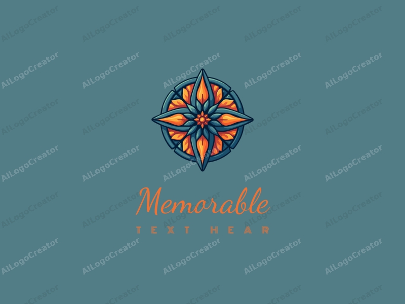 playful design features a stylized compass intertwined with the flower of life, using blue and orange colors, combined with a clean background.