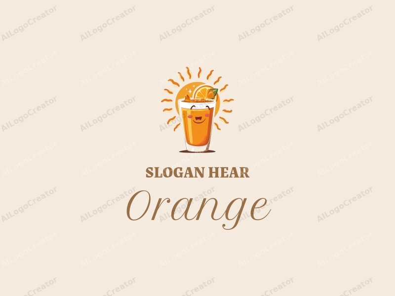 playful design features a stylized orange and juice splash, a cheerful cup, and sun rays, combined with a clean background.