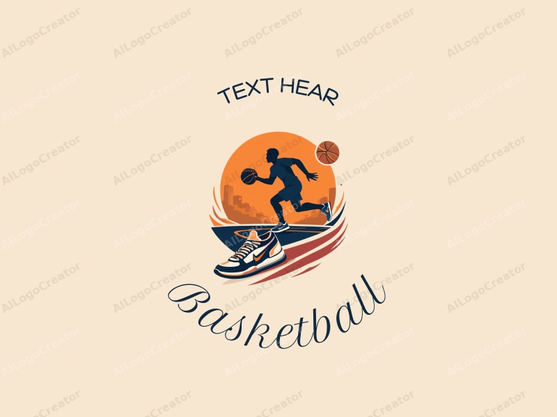 dynamic design features a stylized basketball, a pair of sneakers, and an athlete in motion, combined with a basketball court background, using a sporty design approach with clean lines and a vibrant orange color scheme.