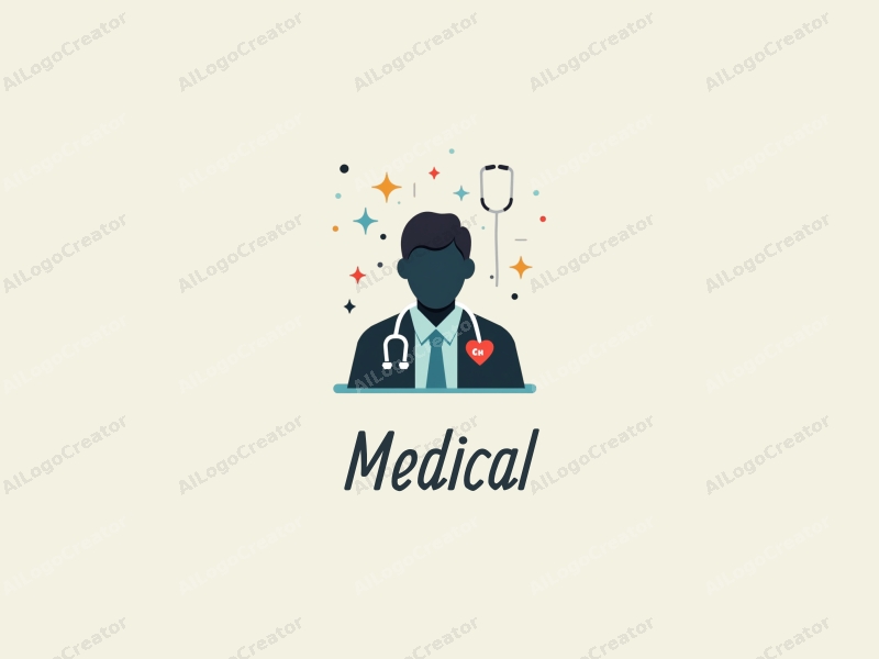 modern design features a stylized hospital silhouette, a doctor figure, a stethoscope intertwined with a heart, combined with a clean background.