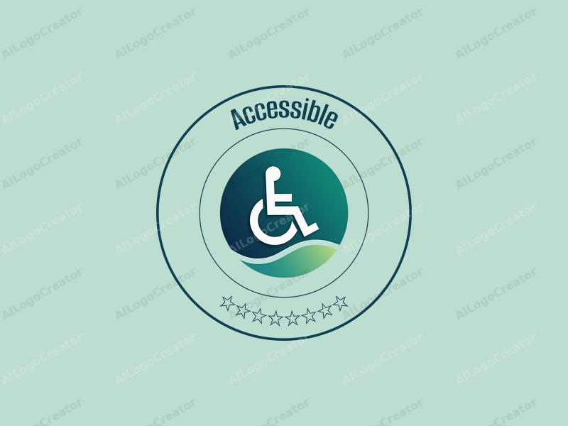 modern minimalist design features a stylized accessibility pathway and a disability symbol, combined with a clean background in blue and green tones.