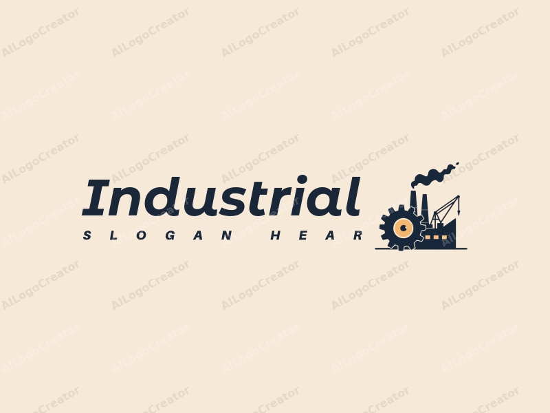 modern design features a stylized factory silhouette, interlocking gears, and a crane, combined with a clean background.