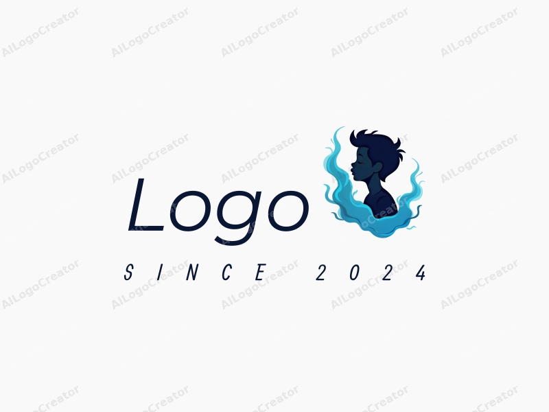 a modern design featuring a stylized boy silhouette surrounded by swirling smoke, utilizing a clean and simple composition with blue and black color scheme.