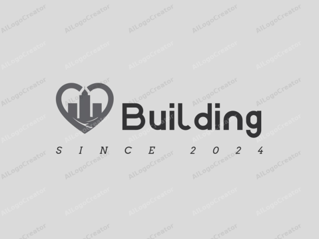 modern design features a stylized building and structure integrated with a heart shape, utilizing a clean and minimalist approach combined with a gray background.