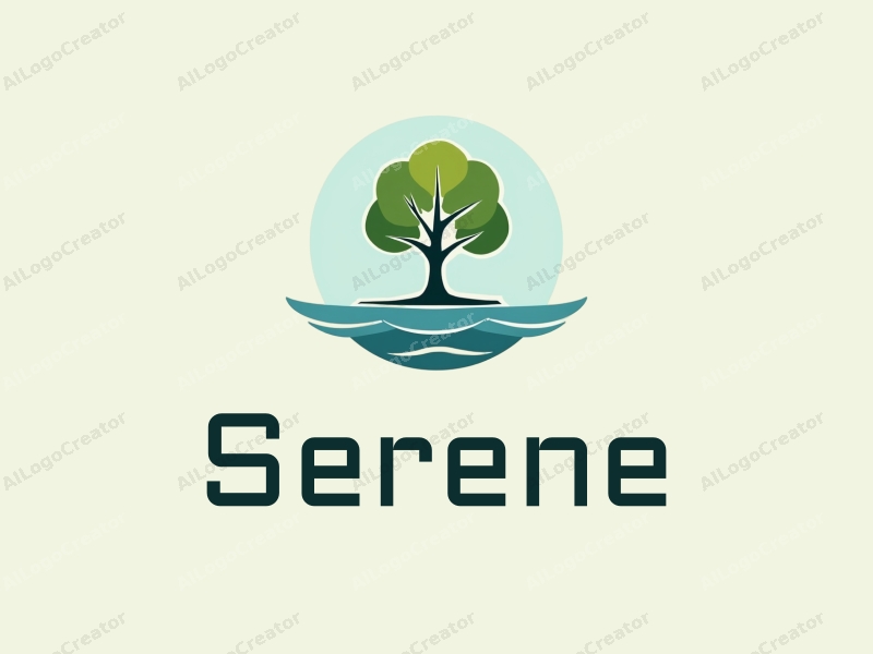 minimalist design features a stylized tree and gentle water ripples, embodying tranquility and peace, combined with a clean background in soothing blue and green tones.