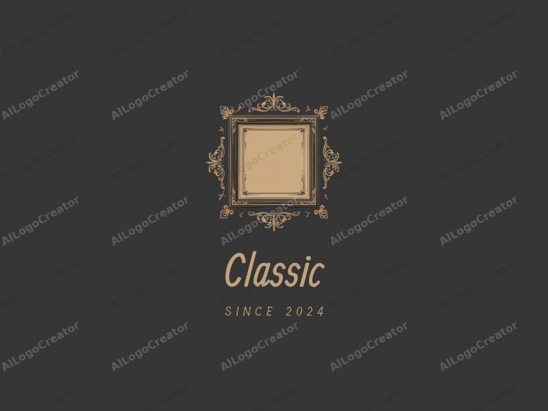 vintage design features classic elements like a stylized stamp and a picture frame, combined with traditional motifs and a clean background in dark and neutral tones.