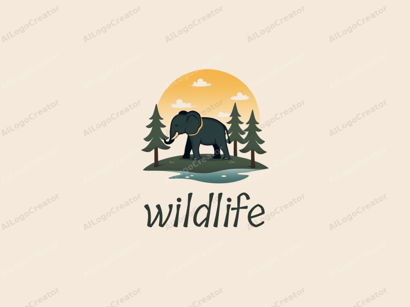 playful design features a stylized elephant and trees, combined with natural landscapes, using a clean background and harmonious composition.