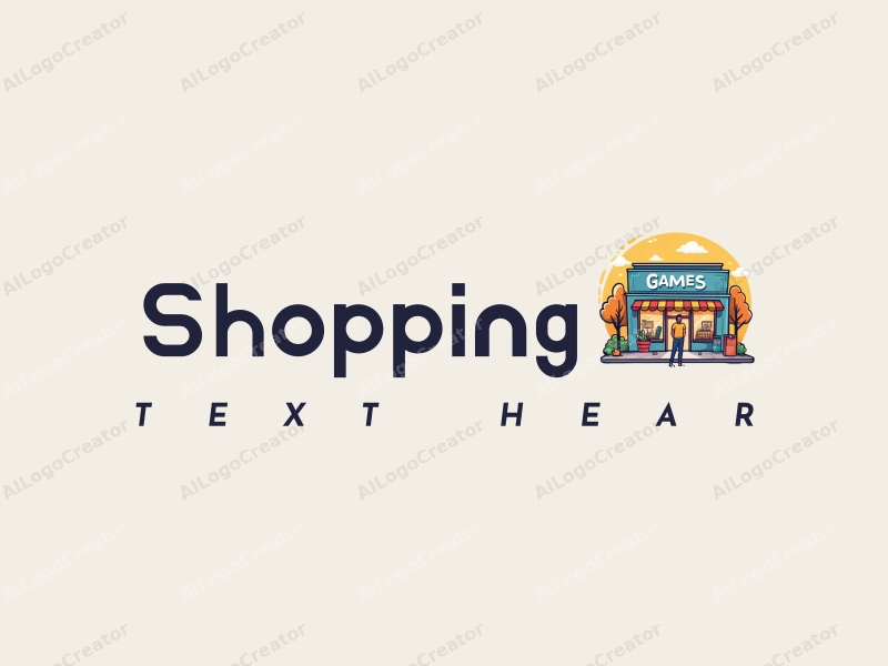 a modern design featuring a vibrant shopping mall scene with playful elements representing games and a father figure, combined with a clean and simple background.