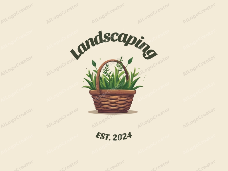 modern design features a stylized lawn and garden scene, incorporating a woven basket filled with plants, combined with a clean background.