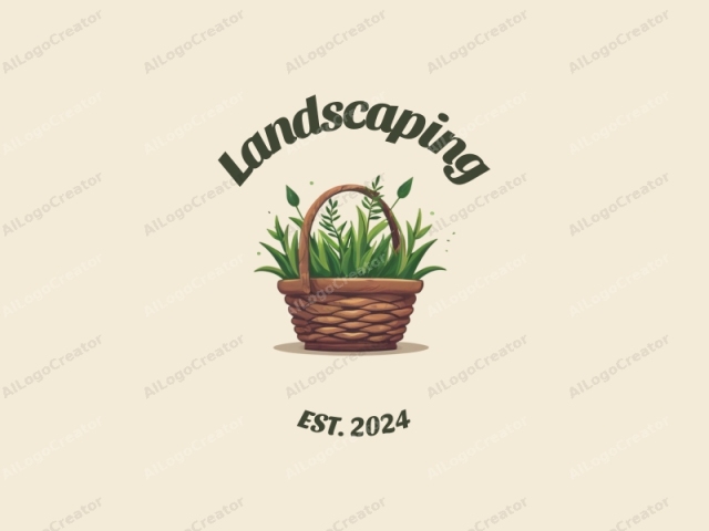 diseño moderno que presenta una escena estilizada de jardín y césped, incorporando un canasto trenzado lleno de plantas, combinado con un fondo limpio.