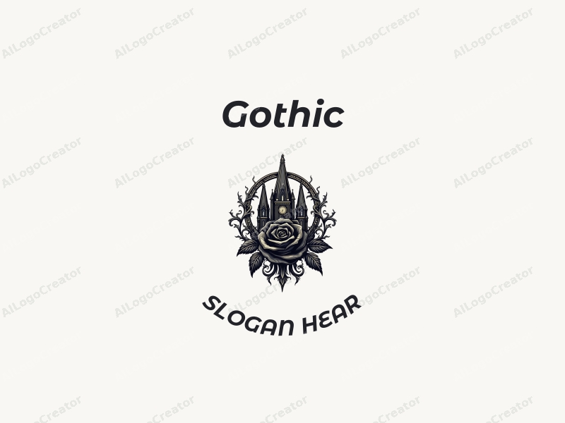 Gothic design features intricate spires, a stylized black rose, and Gothic fashion elements combined with a clean background.