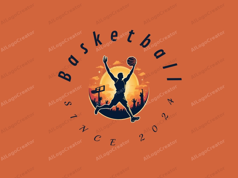 playful design features a dynamic basketball silhouette, an athlete in mid-dunk, and cheering elements combined with a clean background.