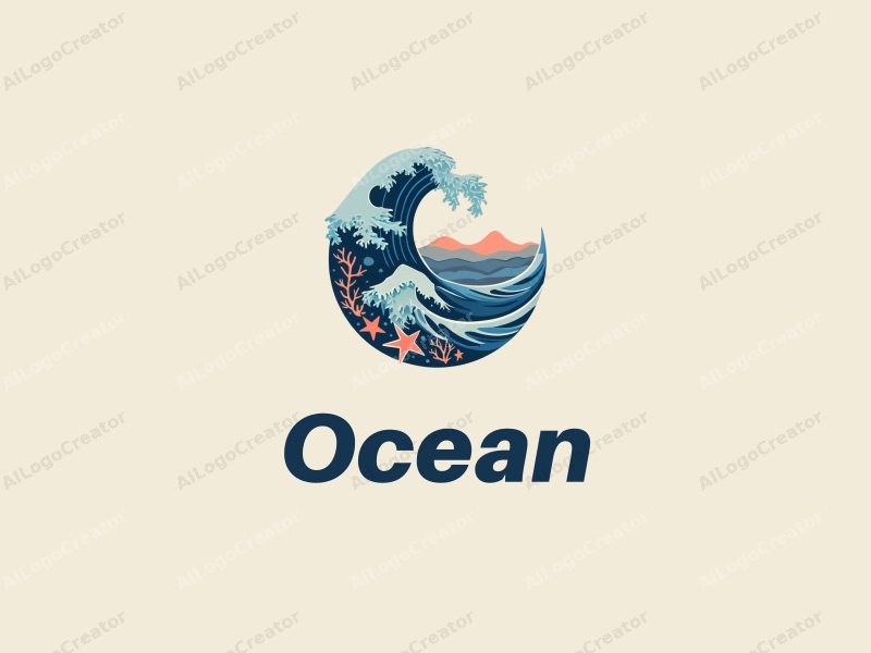 modern design features stylized waves, marine life elements like starfish and coral, combined with a clean background and a harmonious composition.