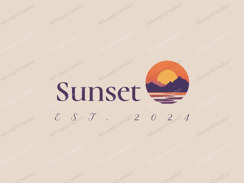 vintage design features a stylized sunset over a beach with mountains in the background, using a harmonious blend of orange and purple colors, combined with a clean and simple composition.