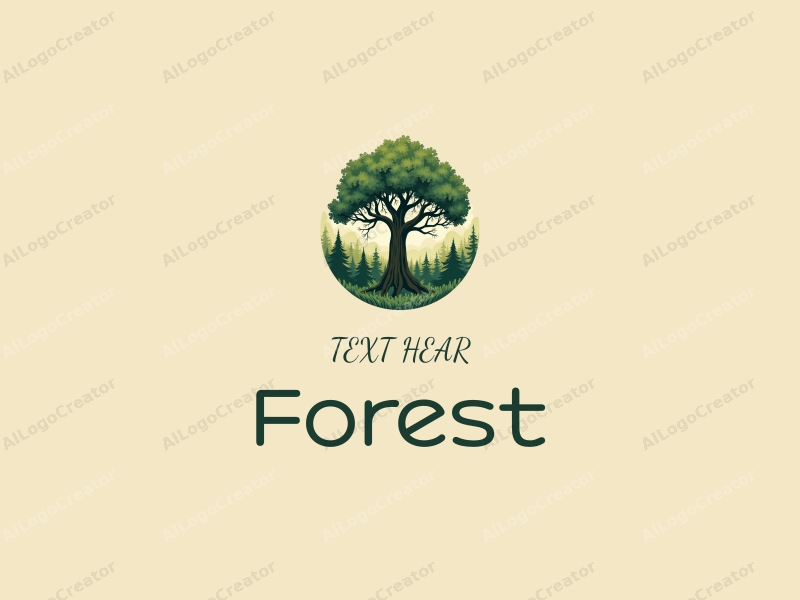 vintage design features a stylized ancient tree surrounded by lush forest elements, emphasizing ecological education and nature conservation, combined with a clean background.