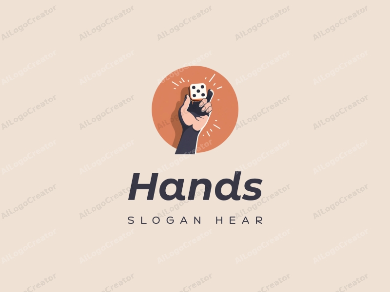 a modern design featuring a hand holding a dice, symbolizing playfulness and creativity, with a skin tone color palette, combined with a clean and simple background.