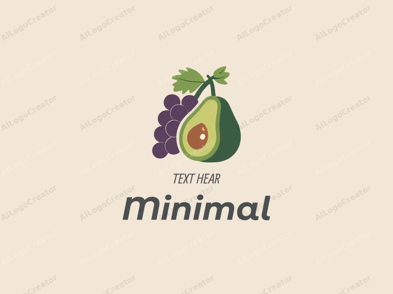 minimalist design features stylized grapes and avocado, combined with a clean background and a tag style approach.