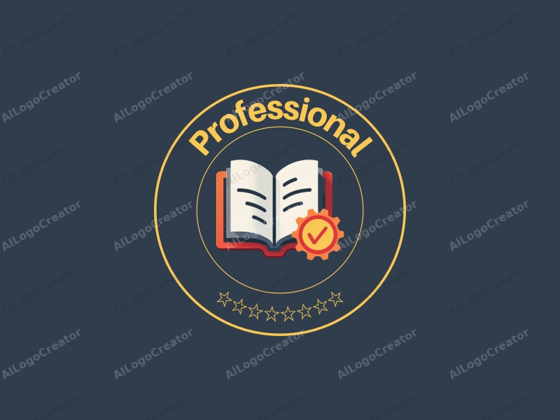 modern design features a stylized book and a certification stamp, combined with a clean background and a professional aesthetic.