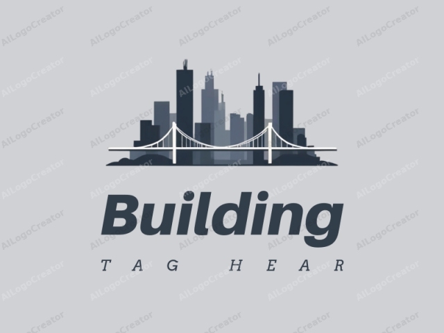 minimalist design features sleek buildings and towers, a stylized bridge silhouette, and a modern design approach combined with a clean gray background.