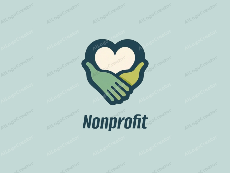 modern design features a stylized heart and hand symbolizing charity and volunteer work, combined with a clean background in blue and green tones.