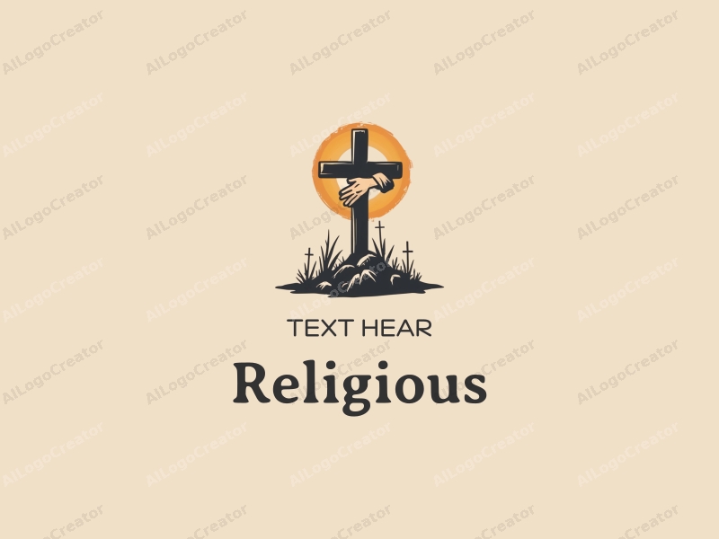 vintage design features a stylized cross, a halo above it, and a hand reaching towards the cross, combined with a clean background.