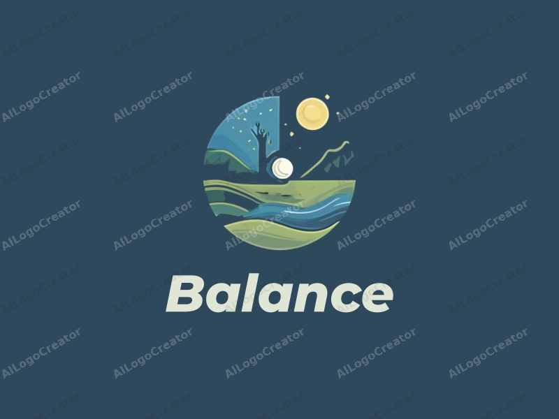 a modern design featuring elements of balance and harmony, incorporating sports and nature motifs, with a clean background in blue and green tones.