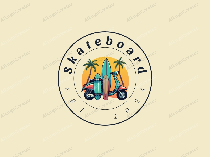 playful design features vibrant skateboards, stylized scooters, and surfboards, combined with a clean background and a fun, energetic composition.