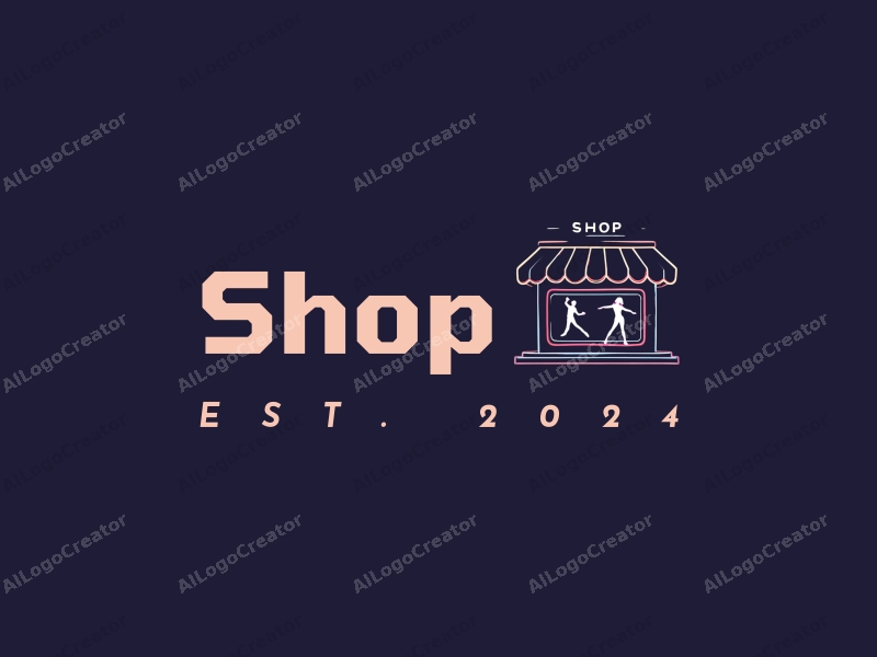 a modern design featuring a stylized shop and store with vibrant neon lights, incorporating a dynamic dancer silhouette, combined with a clean background.