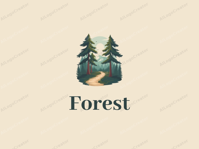 vintage design features a serene forest scene with tall trees, a lush tree canopy, and a winding pathway, combined with a clean background.