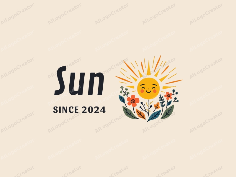 playful design features a bright sun radiating light, surrounded by whimsical flowers and leaves, combined with a clean background.