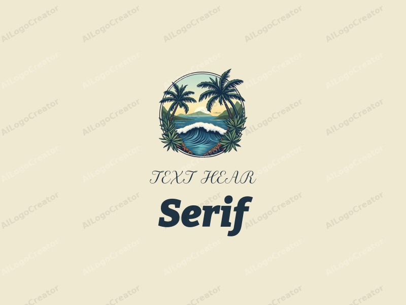 vintage design features elegant serif fonts intertwined with tropical plants and ocean waves, combined with a clean background.