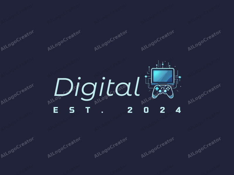 modern design features a stylized game controller and computer screen, incorporating digital elements with a clean background in blue and black colors.