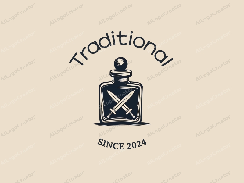 vintage design features an ink bottle and a cross sword, combined with a classic aesthetic and a clean background.