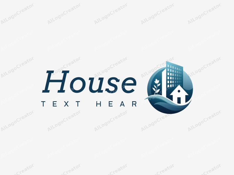 modern minimalist design features a stylized house and building silhouette intertwined with a flower, combined with a clean blue and white background.