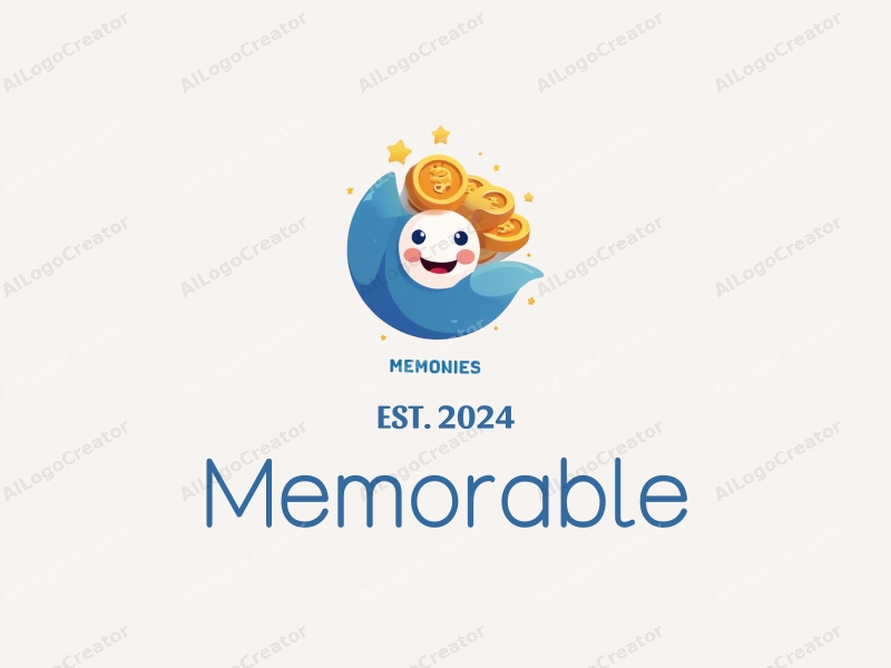 playful design features a stylized smiley face and coins, representing memories and iconic symbols, combined with a clean background in blue and orange colors.