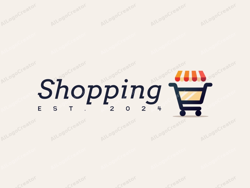 minimalist design features a stylized shopping cart and a mall sign, combined with a vibrant color palette and a clean background.