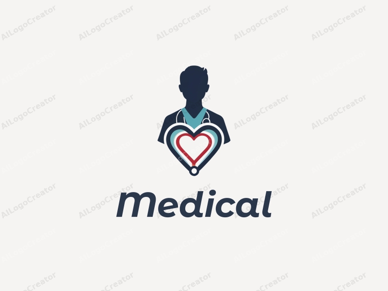 modern design features a stylized hospital silhouette, a doctor figure, a stethoscope intertwined with a heart, combined with a clean background.