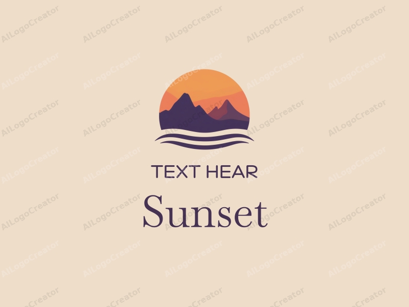 vintage design features a stylized sunset over mountains, with gentle waves in the foreground, using a harmonious blend of orange and purple colors against a clean background.