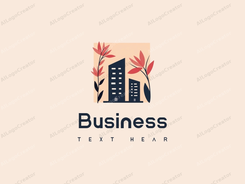 a modern minimalist design featuring a stylized office building, abstract flowers, and a square layout combined with a clean background.