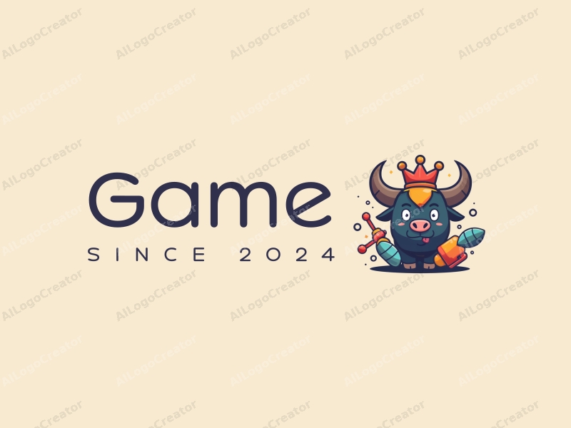 playful design features a colorful crown and a stylized bull, combined with game and toy elements, set against a clean background.